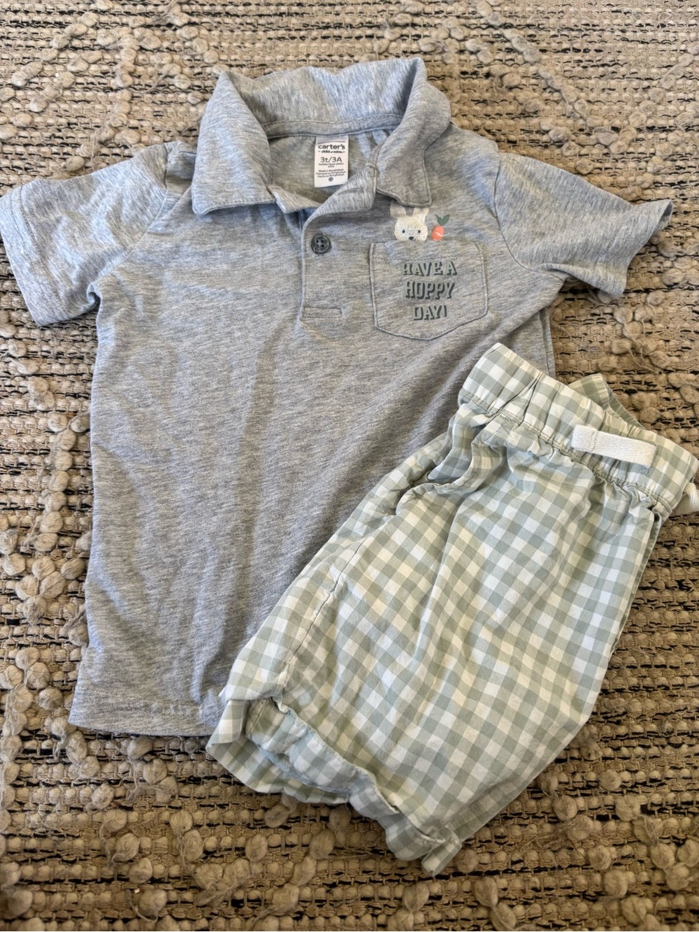 Carter's boys Easter Grey Polo Top with Mint Gingham Shorts Set
